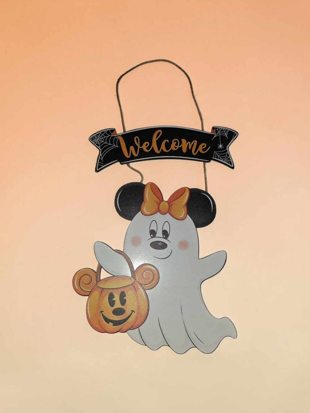 Minnie Halloween Ghost Door Hanger - White and Orange Welcome Sign